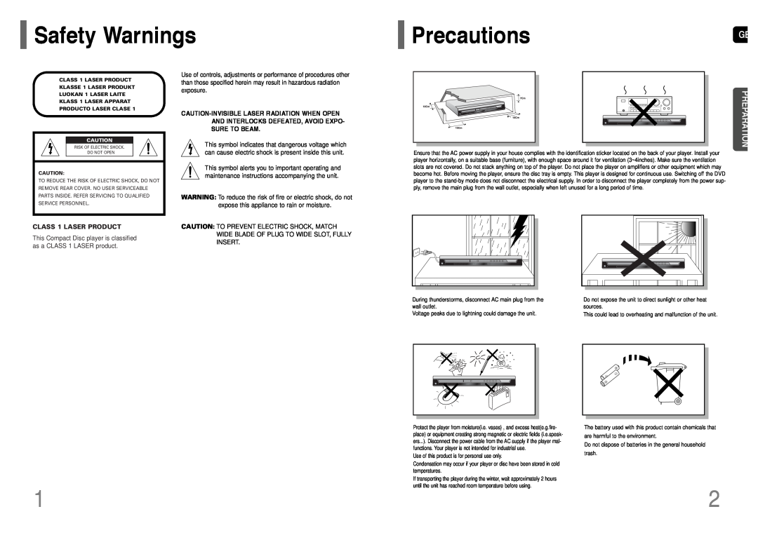 Samsung AH68-01660K, HT-TP12, HT-P11 instruction manual Safety Warnings, PrecautionsGB, Preparation, CLASS 1 LASER PRODUCT 