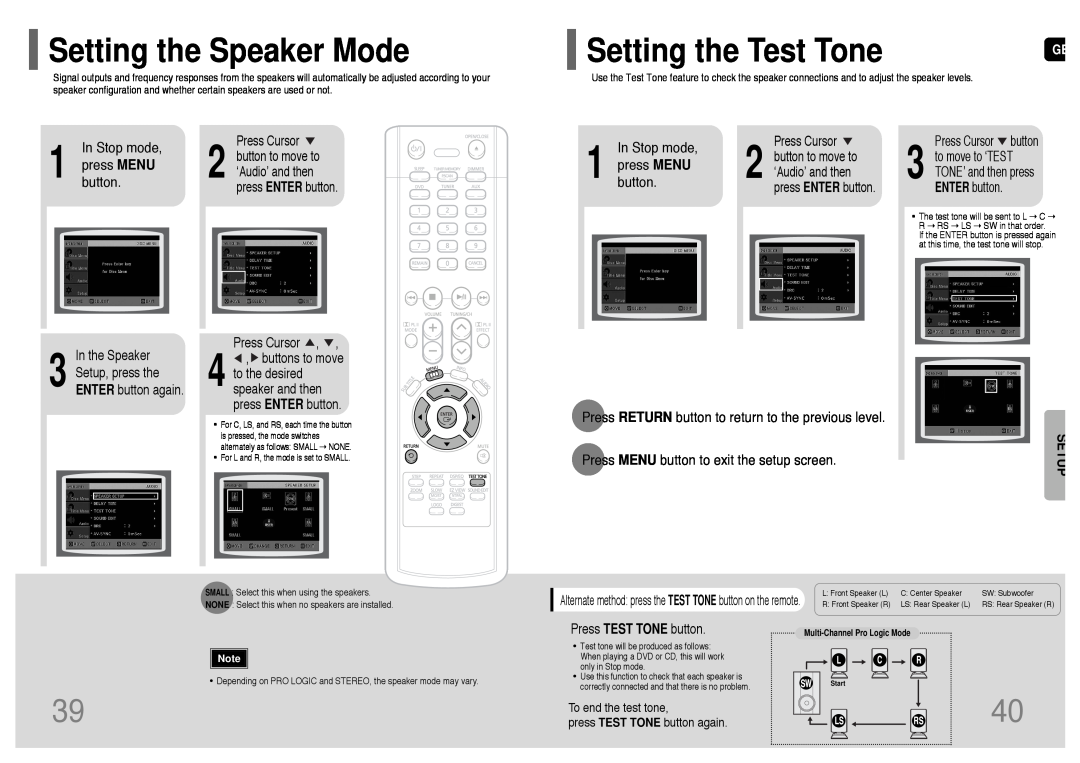 Samsung HT-TP12 Setting the Speaker Mode, Setting the Test Tone, In the Speaker, Setup, press the ENTER button again 