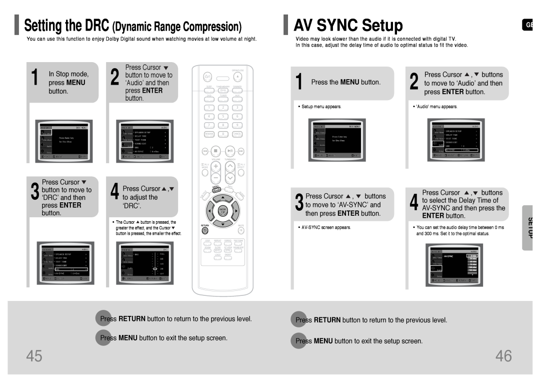 Samsung HT-TP12, HT-P11, AH68-01660K instruction manual AV SYNC Setup, Setting the DRC Dynamic Range Compression 
