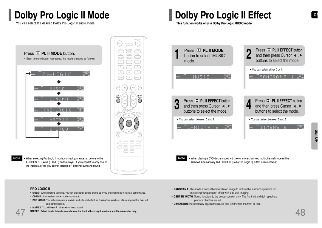 Samsung HT-P11, HT-TP12, AH68-01660K Dolby Pro Logic II Mode, Dolby Pro Logic II Effect, Press PL II MODE, Setup 