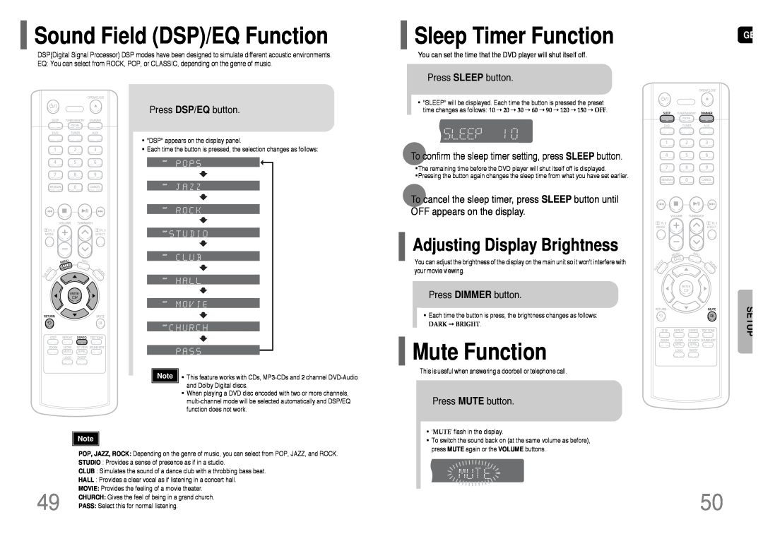 Samsung AH68-01660K, HT-TP12 Sound Field DSP/EQ Function, Sleep Timer Function, Mute Function, Press DSP/EQ button, Setup 