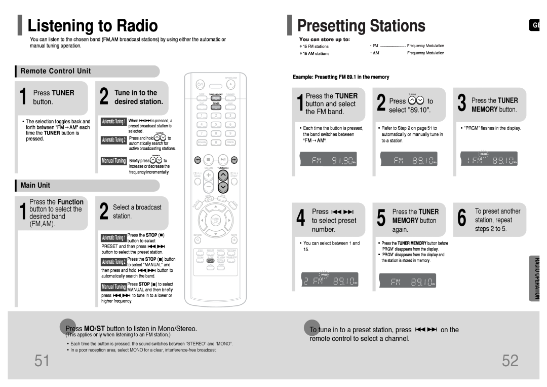 Samsung HT-TP12 Listening to Radio, Radio Operation, Remote Control Unit, Press TUNER button, Press to select, Main Unit 