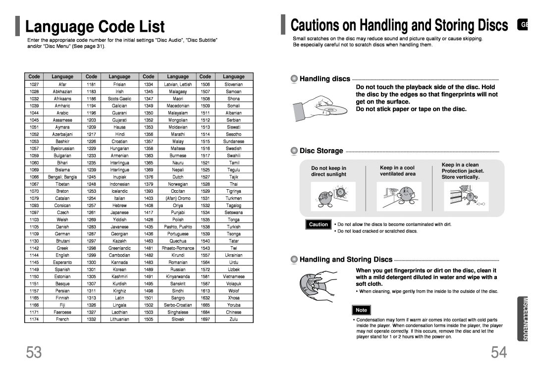 Samsung HT-P11, HT-TP12, AH68-01660K Language Code List, Handling discs, Disc Storage, Handling and Storing Discs 