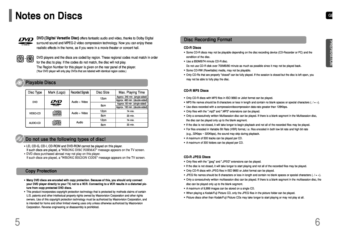 Samsung HT-P11 Notes on Discs, Playable Discs, Do not use the following types of disc, Disc Recording Format, Disc Size 