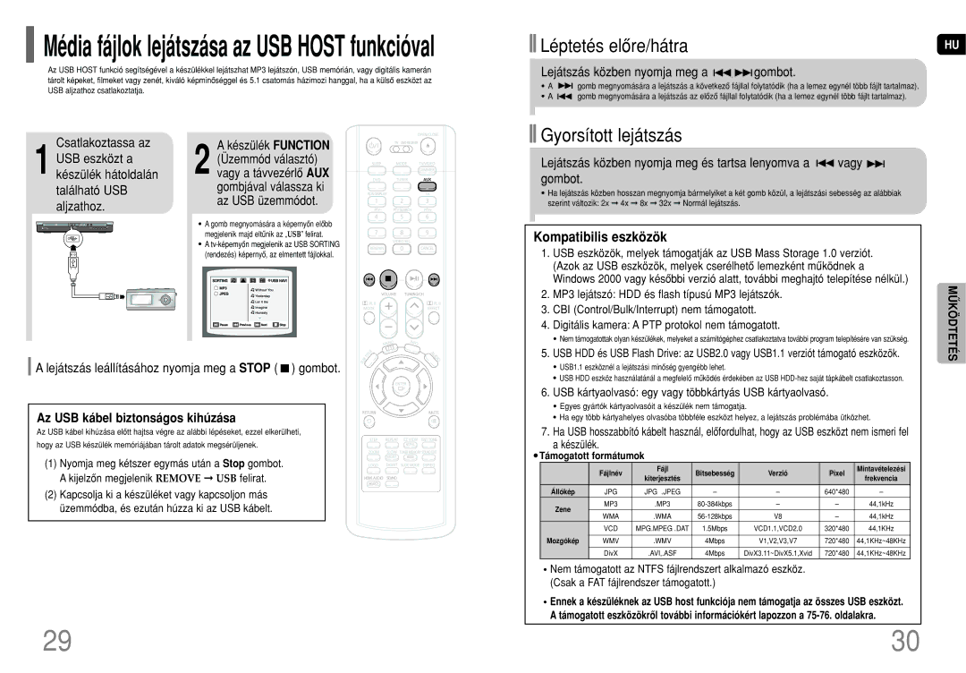 Samsung HT-TP75R/ELS manual Kompatibilis eszközök, Csatlakoztassa az, Lejátszás leállításához nyomja meg a Stop gombot 