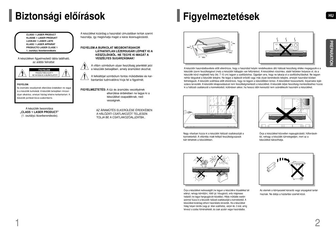 Samsung HT-P70NR/ELS, HT-TP75R/ELS Biztonsági elôírások FigyelmeztetésekHU, Készülék besorolása, Osztályú lézerberendezés 