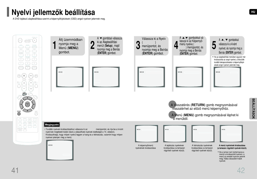 Samsung HT-P70NR/ELS Nyelvi jellemzôk beállítása, Válassza ki a Nyelv, Visszatérés Return gomb megnyomásával, Gombokkal vá 