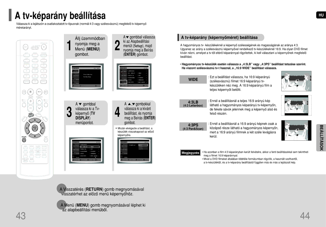 Samsung HT-TP75R/EDC manual Tv-képarány beállítása, Menü Menu, Tv-képarány képernyôméret beállítása, Az Alapbeállítási 