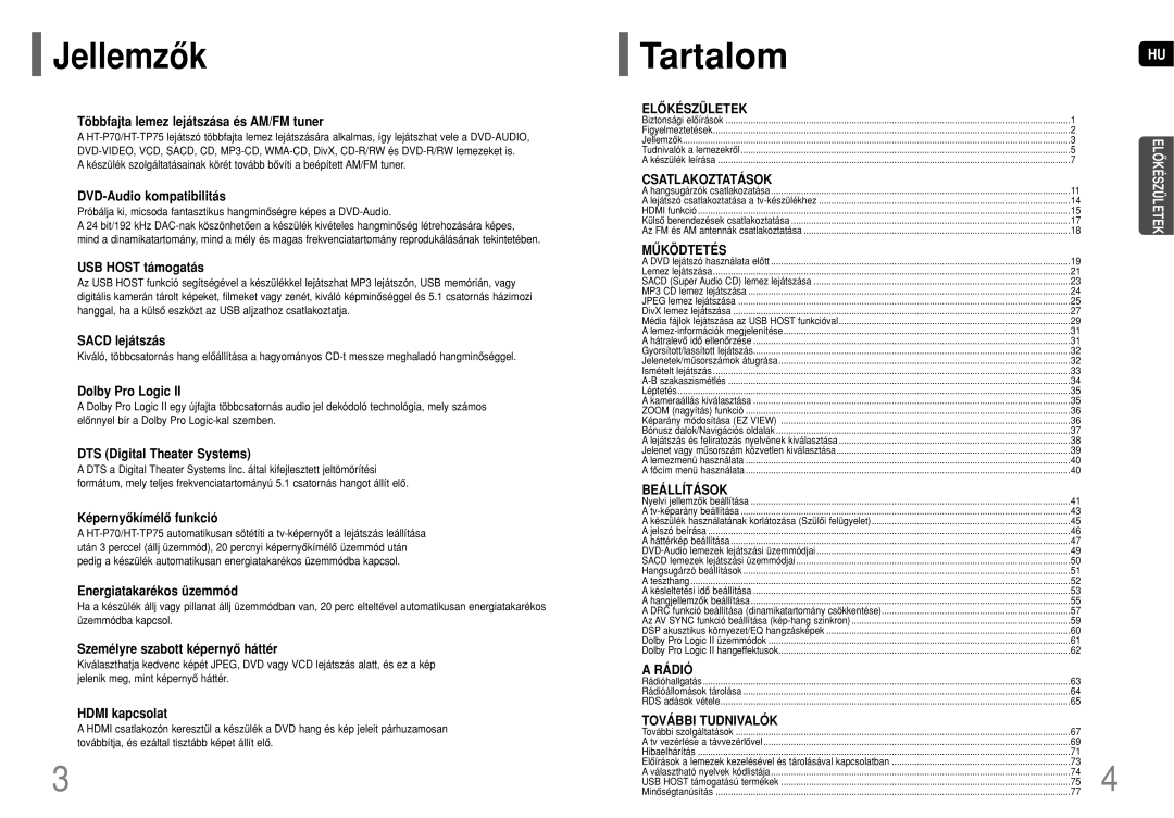 Samsung HT-TP75R/EDC, HT-TP75R/ELS, HT-P70R/ELS, HT-P70NR/ELS manual Jellemzôk, Tartalom 