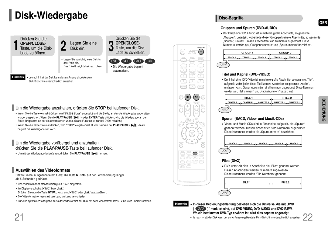 Samsung HT-TP75R/ELS Disk-Wiedergabe, Disc-Begriffe, Drücken Sie die, Legen Sie eine Disk ein, Auswä hlen des Videoformats 