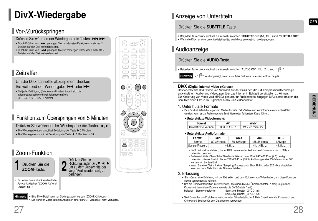 Samsung HT-P70R/ELS, HT-TP75R/ELS manual DivX-Wiedergabe 