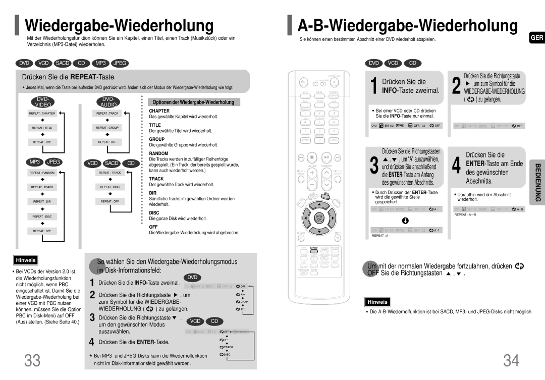 Samsung HT-TP75R/ELS, HT-P70R/ELS manual Wiedergabe-Wiederholung, Drücken Sie die REPEAT-Taste 