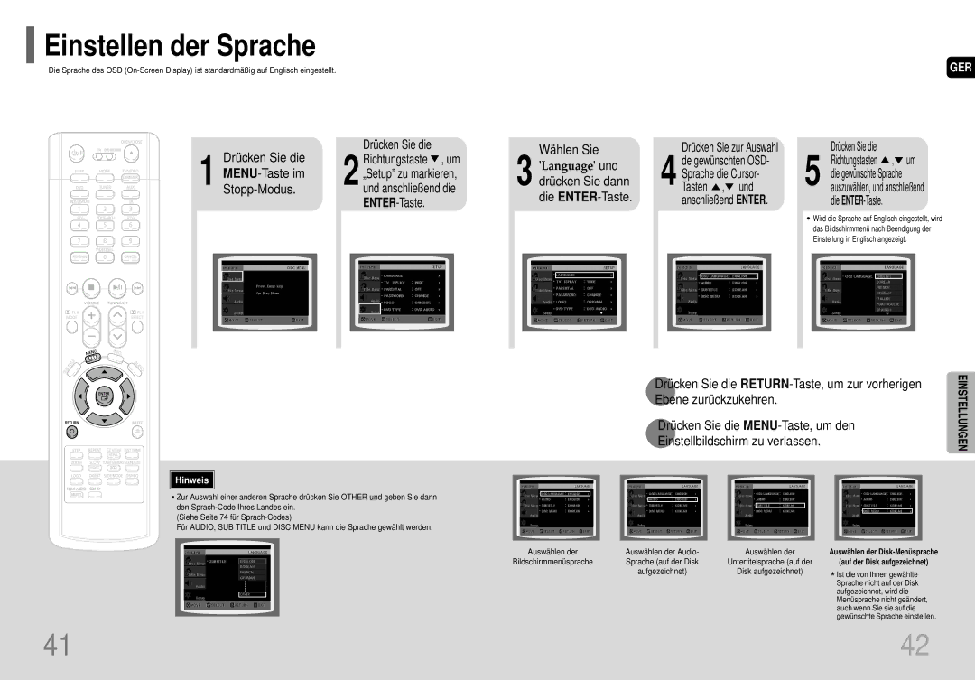 Samsung HT-TP75R/ELS, HT-P70R/ELS manual Einstellen der Sprache, Wählen Sie, Drücken Sie die RETURN-Taste, um zur vorherigen 