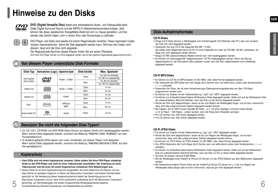 Samsung HT-TP75R/ELS manual Hinweise zu den Disks, Von diesem Player unterstü tzte Disk-Formate, Disk-Aufnahmeformate 