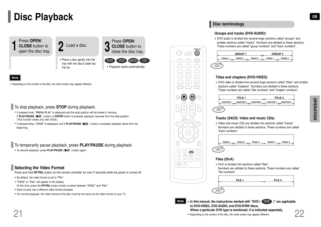 Samsung HT-TP75T/HAO, HT-TP75T/FMC, HT-TP75T/UMG, HT-P70T/XSG Disc Playback, Disc terminology, Selecting the Video Format 