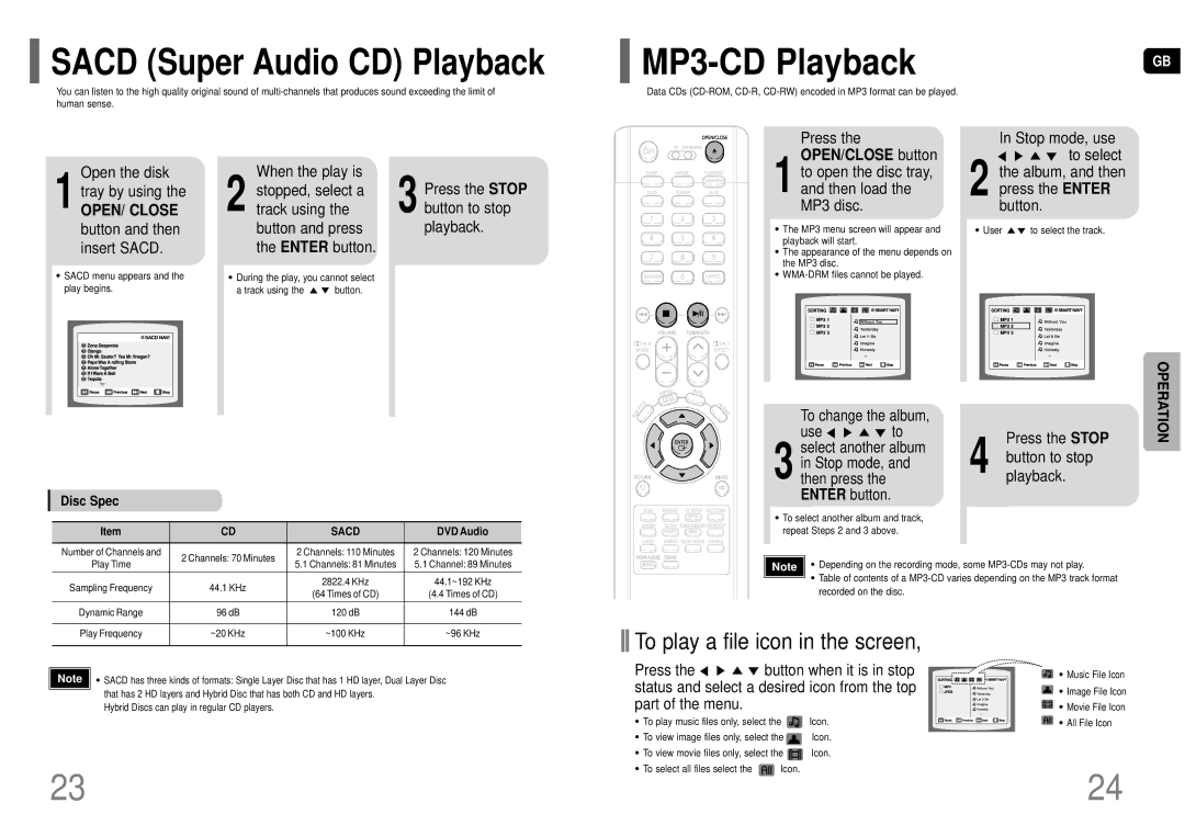 Samsung HT-TP75T/FMC, HT-TP75T/HAO MP3-CD Playback, Sacd Super Audio CD Playback, Button and then insert Sacd, Disc Spec 