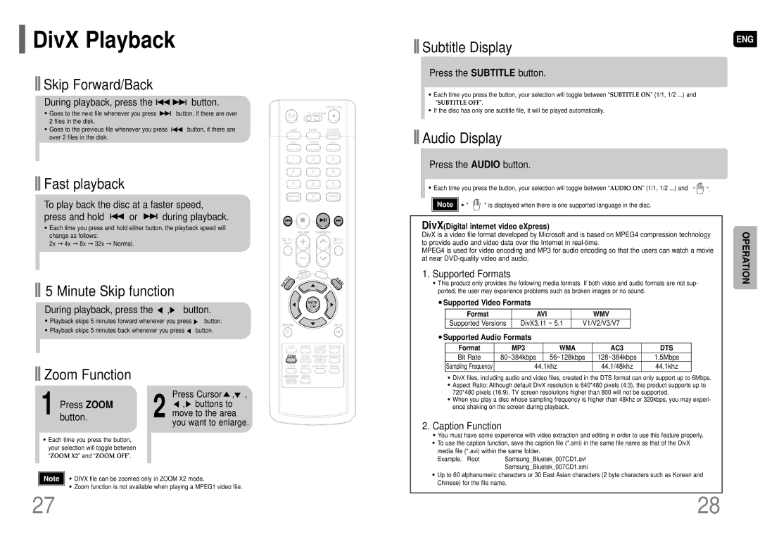 Samsung HT-P70T/XSG, HT-TP75T/HAO, HT-TP75T/FMC, HT-TP75T/UMG, HT-TP75T/XSG, HT-TP75T/XSV manual DivX Playback 