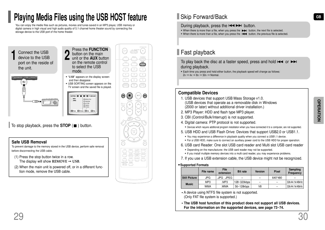 Samsung HT-TP75T/XSG, HT-TP75T/HAO manual Compatible Devices, To stop playback, press the Stop button, Safe USB Removal 