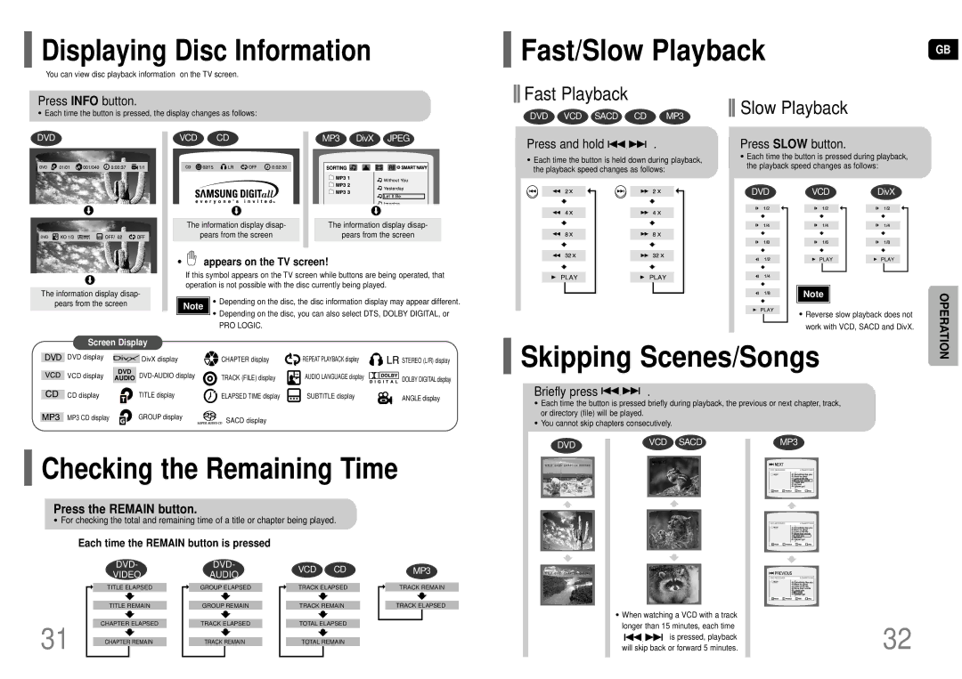 Samsung HT-TP75T/XSV Fast/Slow Playback, Skipping Scenes/Songs, Displaying Disc Information, Checking the Remaining Time 