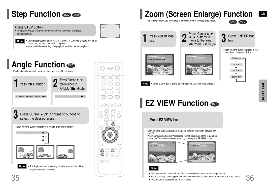 Samsung HT-TP75T/FMC manual Step Function DVD VCD, Angle Function DVD, EZ View Function DVD, Zoom Screen Enlarge Function 