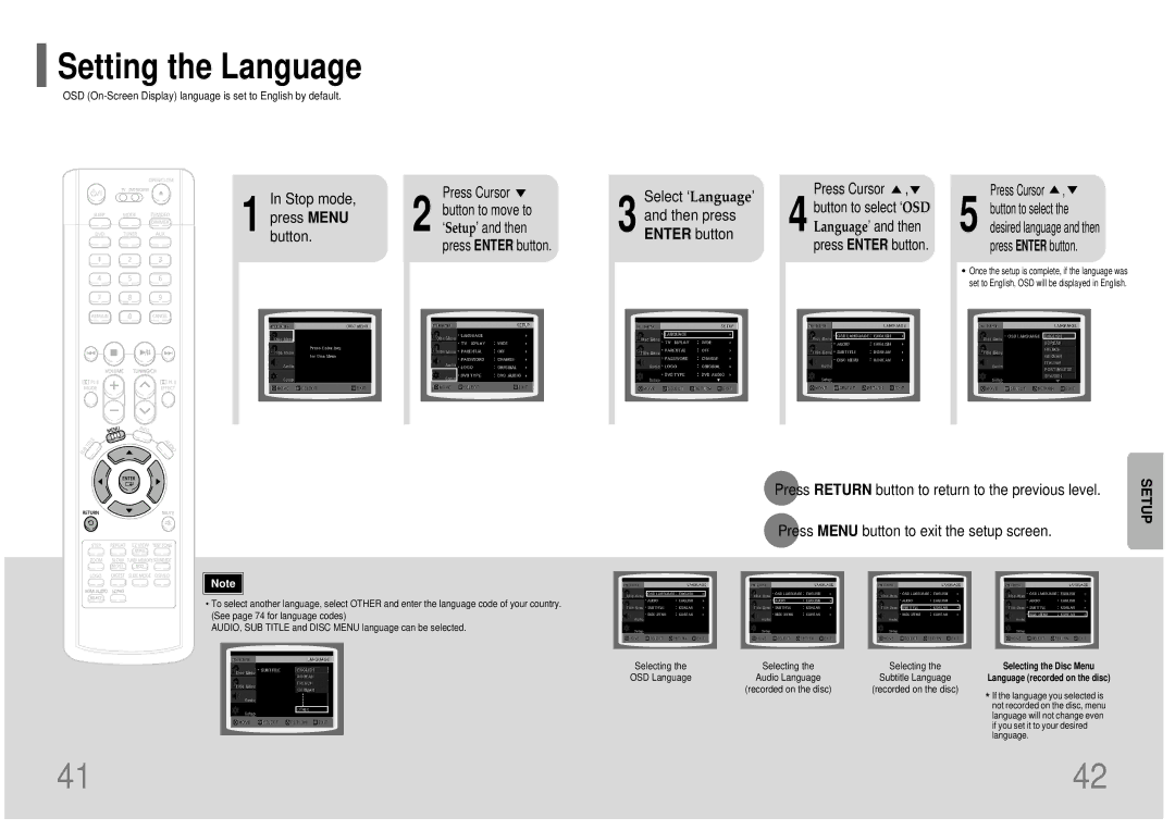 Samsung HT-TP75T/XSG manual Setting the Language, Stop mode Press Menu button, Select ‘Language’ Then press Enter button 