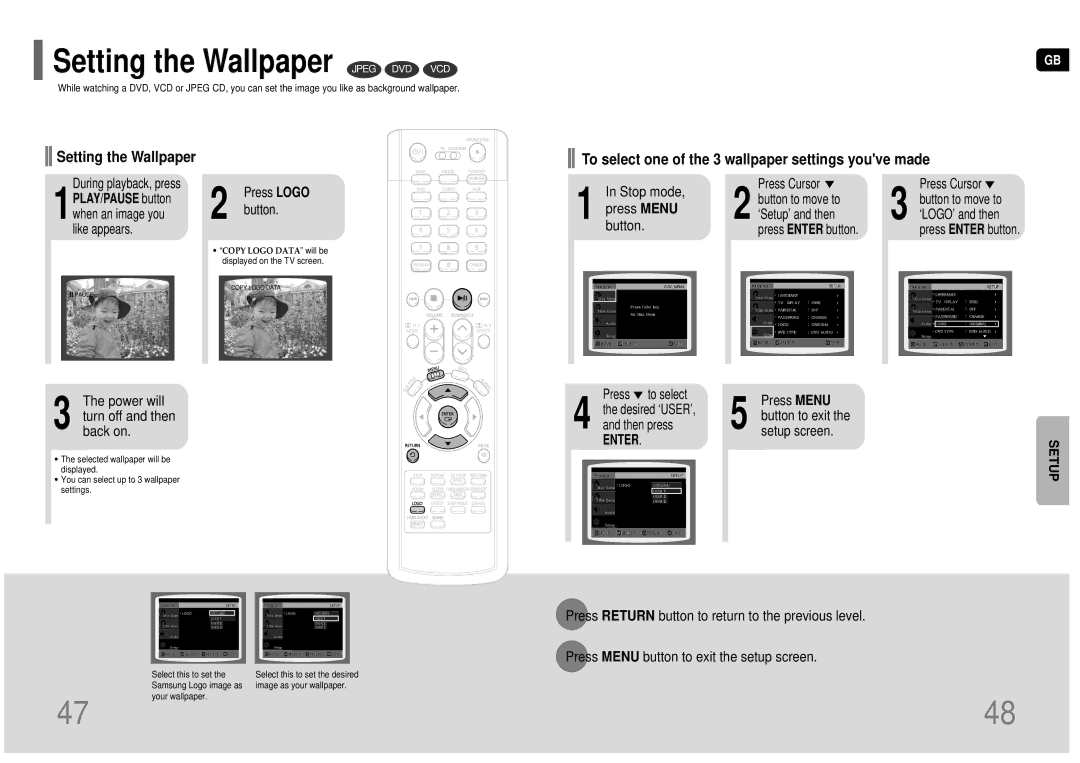 Samsung HT-TP75T/FMC Setting the Wallpaper Jpeg DVD VCD, To select one of the 3 wallpaper settings youve made, Button 