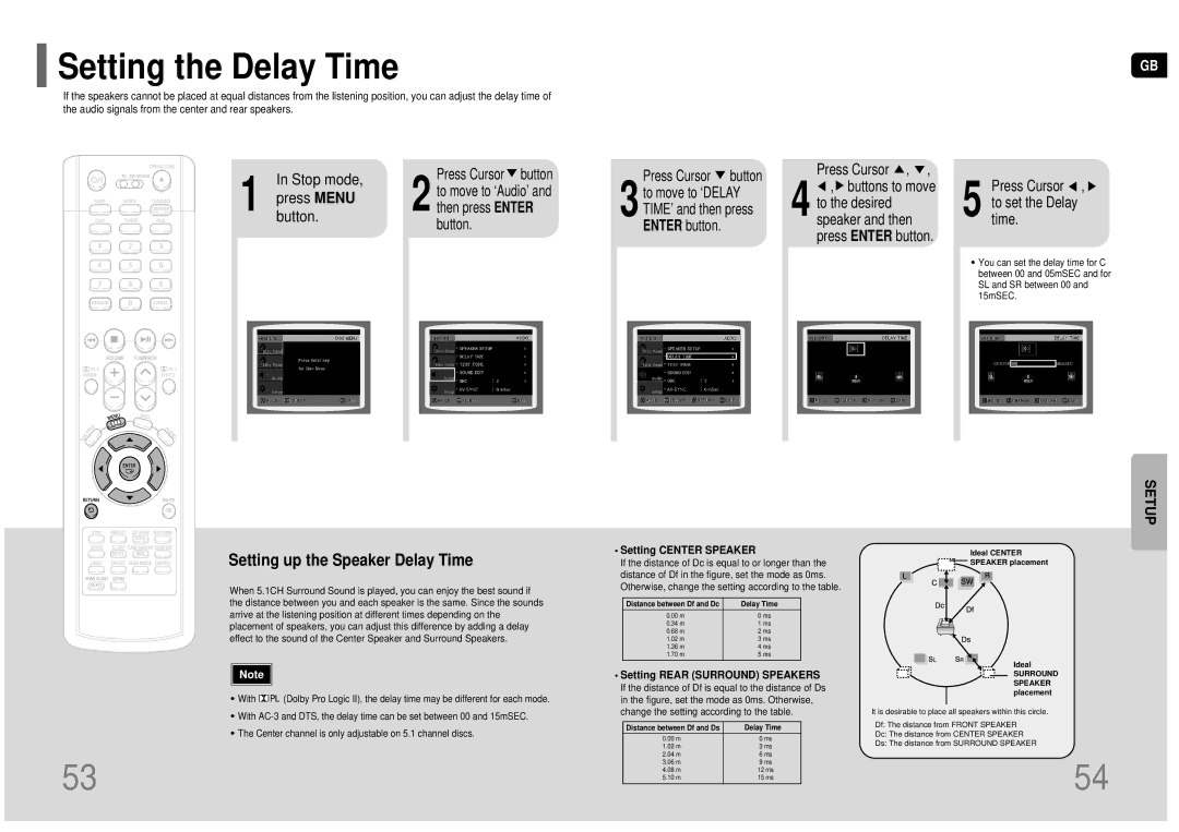 Samsung HT-TP75T/XSG manual Setting up the Speaker Delay Time, Setting Center Speaker, Setting Rear Surround Speakers 