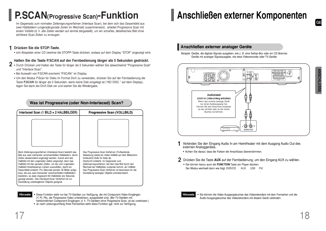 Samsung HT-TQ22R/ELS, HT-Q20R/ELS manual SCANProgressive Scan-Funktion, Anschließen externer analoger Geräte 