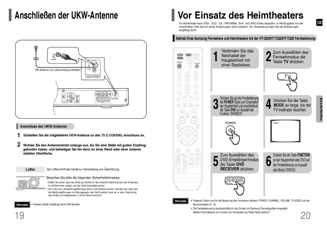 Samsung HT-Q20R/ELS Vor Einsatz des Heimtheaters, Zum Auswählen des, DVD-Empfängermodus, Die Taste DVD, Receiver drücken 