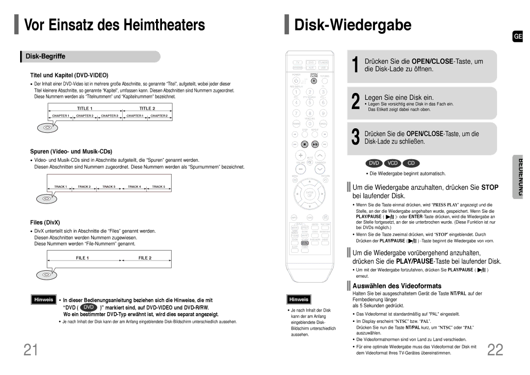 Samsung HT-TQ22R/ELS, HT-Q20R/ELS Disk-Wiedergabe, Vor Einsatz des Heimtheaters, Disk-Begriffe, Auswählen des Videoformats 