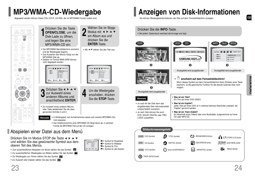 Samsung HT-Q20R/ELS, HT-TQ22R/ELS manual MP3/WMA-CD-Wiedergabe, Drücken Sie die Taste, MP3/WMA-CD ein, ENTER-Taste 