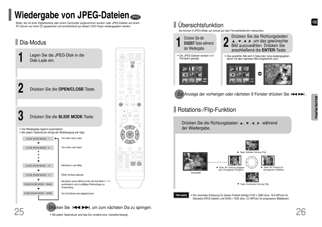 Samsung HT-TQ22R/ELS Wiedergabe von JPEG-Dateien Jpeg, Legen Sie die JPEG-Disk in die, Disk-Lade ein, Drücken Sie die 