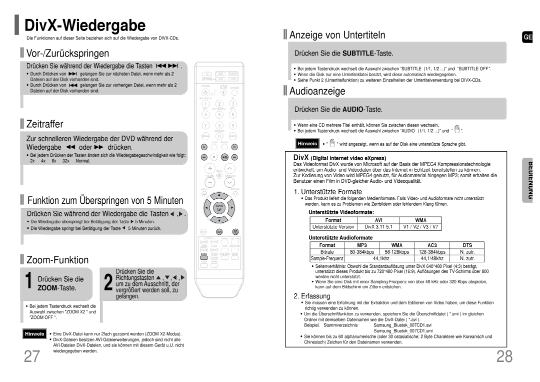 Samsung HT-Q20R/ELS, HT-TQ22R/ELS manual DivX-Wiedergabe 