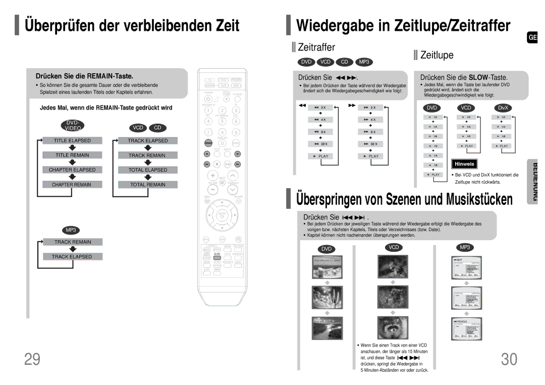 Samsung HT-TQ22R/ELS manual Überprüfen der verbleibenden Zeit, Drücken Sie die REMAIN-Taste, Drücken Sie die SLOW-Taste 