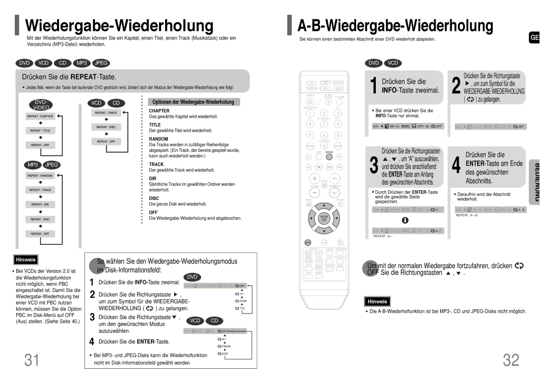 Samsung HT-Q20R/ELS manual Wiedergabe-Wiederholung, Drücken Sie die REPEAT-Taste, Drücken Sie die INFO-Taste zweimal 