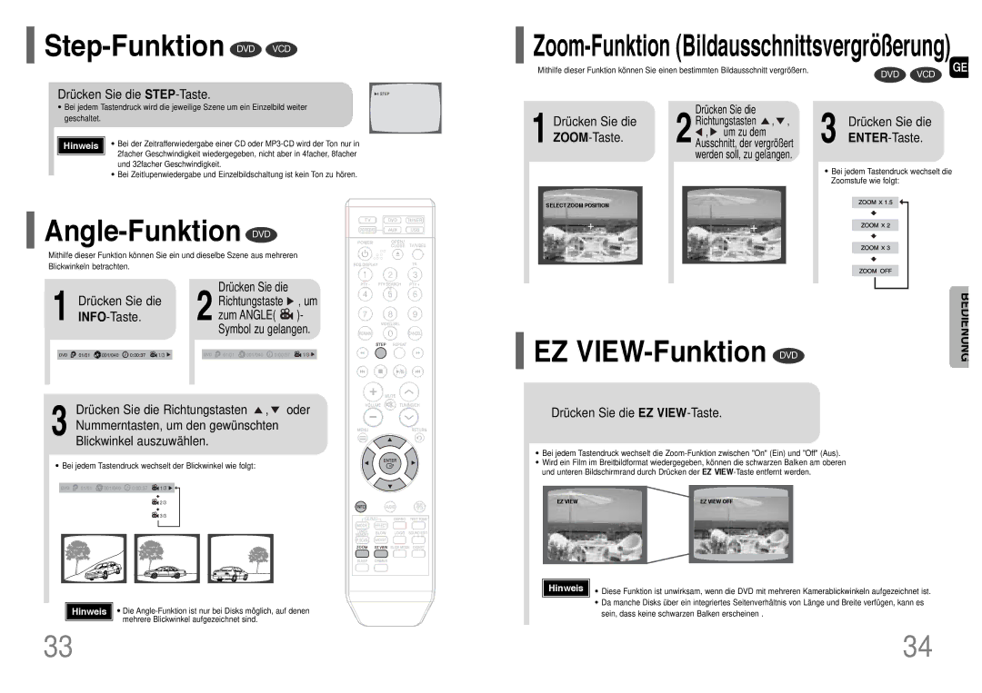 Samsung HT-TQ22R/ELS, HT-Q20R/ELS manual Step-Funktion DVD VCD, Angle-Funktion DVD, EZ VIEW-Funktion DVD 