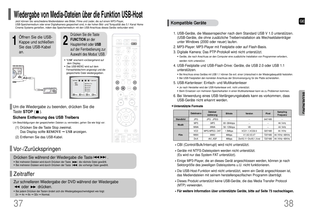 Samsung HT-TQ22R/ELS manual Um die Wiedergabe zu beenden, drücken Sie die Taste Stop, Sichere Entfernung des USB Treibers 