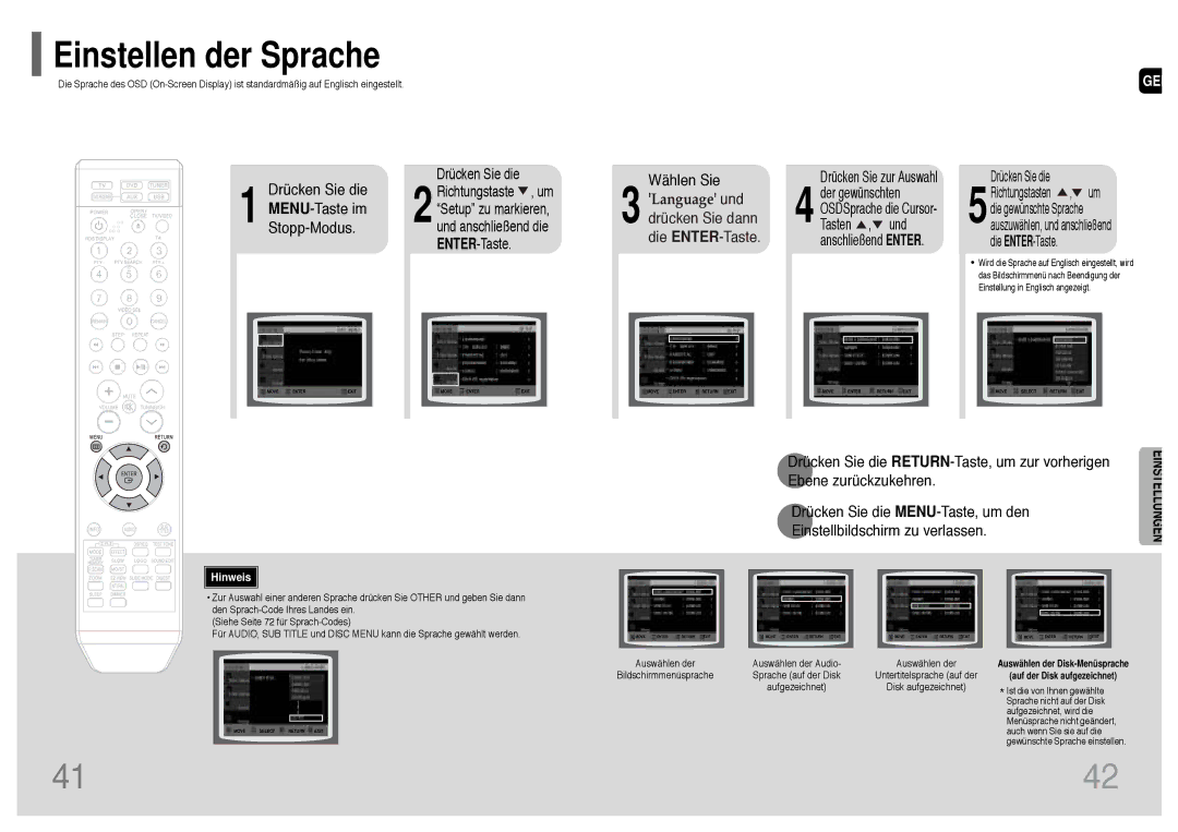 Samsung HT-TQ22R/ELS, HT-Q20R/ELS manual Wählen Sie, Drücken Sie die RETURN-Taste, um zur vorherigen 