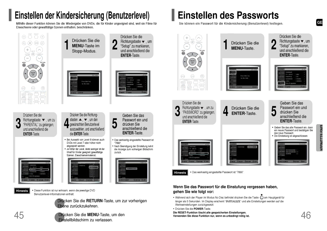 Samsung HT-TQ22R/ELS Drücken Sie die MENU-Taste, Geben Sie das, Passwort ein und drücken Sie anschließend die ENTER-Taste 