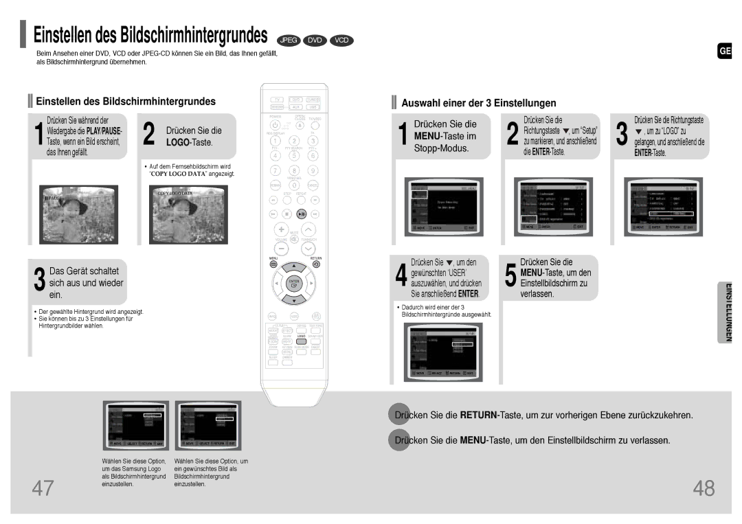 Samsung HT-Q20R/ELS manual Einstellen des Bildschirmhintergrundes Jpeg DVD VCD, MENU-Taste im, Stopp-Modus, LOGO-Taste 