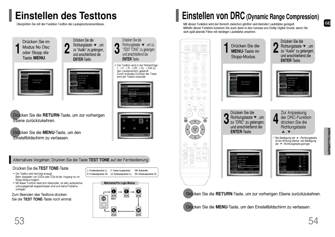 Samsung HT-TQ22R/ELS, HT-Q20R/ELS manual Einstellen des Testtons, Drücken Sie im Modus No Disc oder Stopp die Taste Menu 