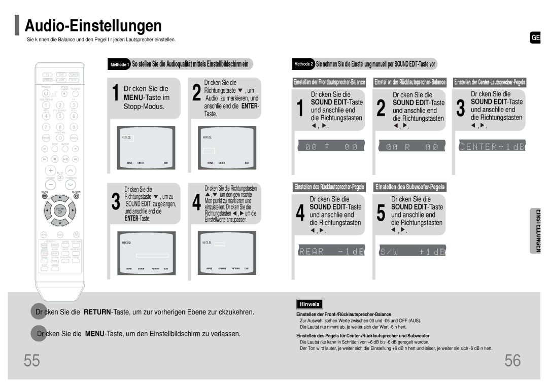 Samsung HT-Q20R/ELS, HT-TQ22R/ELS manual Drücken Sie die, Sound EDIT-Taste und anschließend die Richtungstasten 