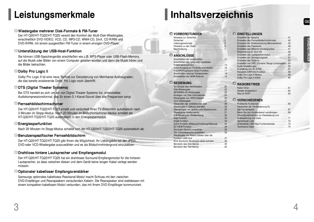 Samsung HT-Q20R/ELS, HT-TQ22R/ELS manual Leistungsmerkmale 