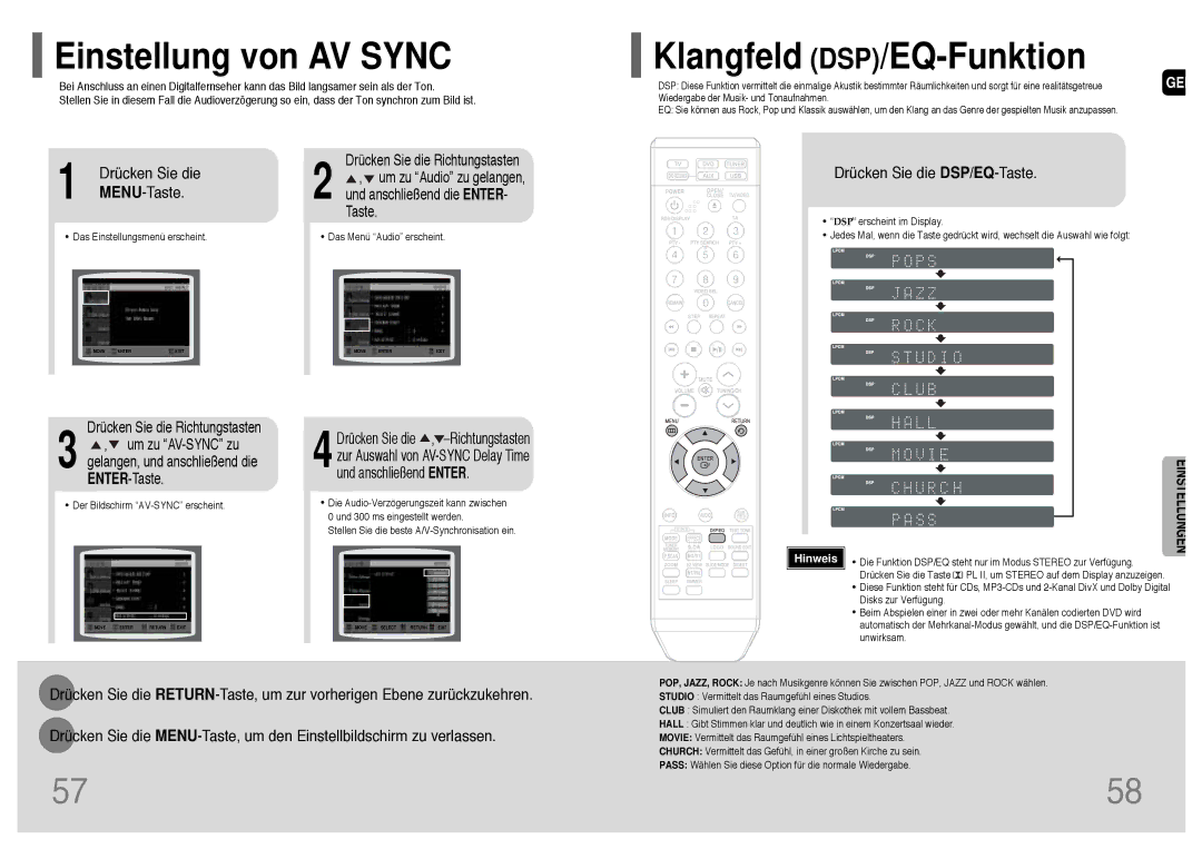 Samsung HT-TQ22R/ELS manual Einstellung von AV Sync, Klangfeld DSP/EQ-Funktion, MENU-Taste, Drücken Sie die DSP/EQ-Taste 