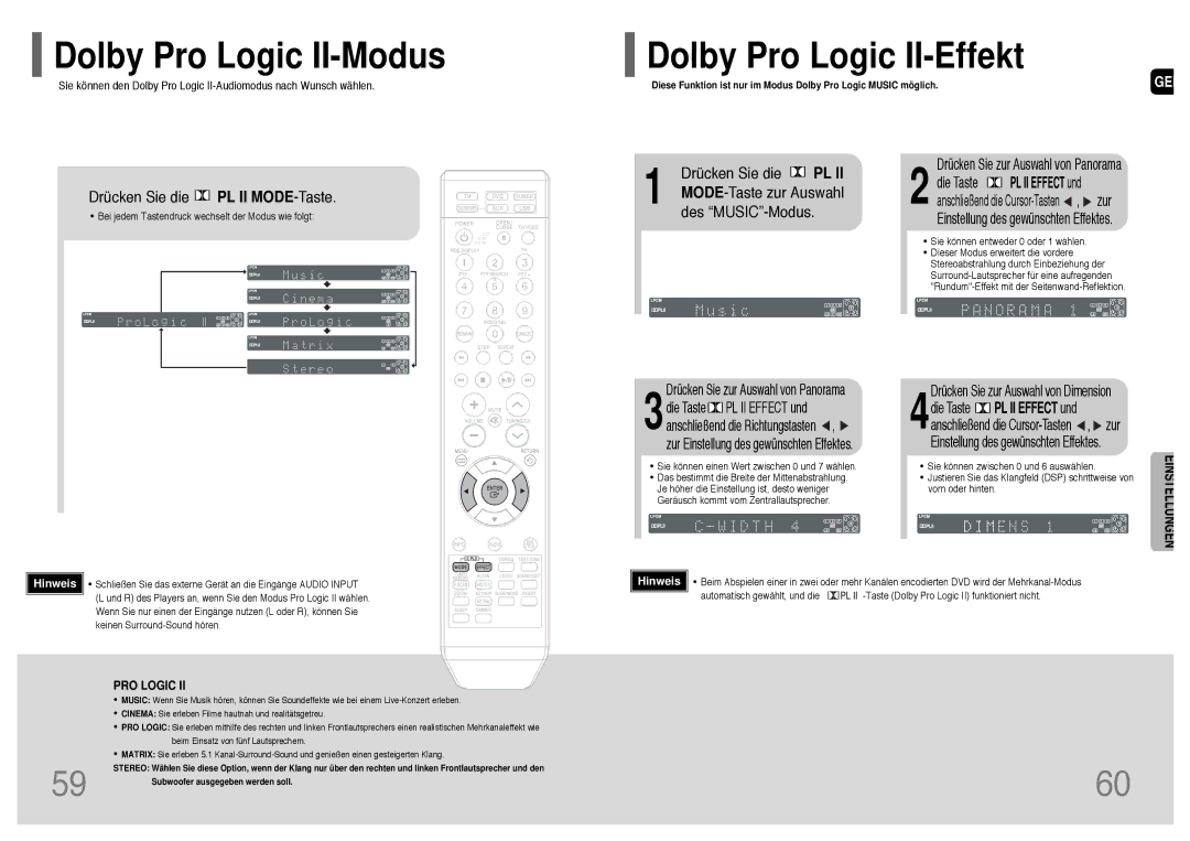 Samsung HT-Q20R/ELS, HT-TQ22R/ELS manual Dolby Pro Logic II-Modus, Dolby Pro Logic II-Effekt 