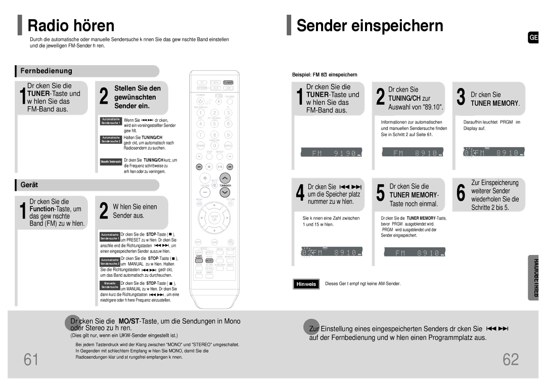 Samsung HT-TQ22R/ELS manual Radio hören, Sender einspeichern, Fernbedienung, Stellen Sie den Gewünschten Sender ein, Gerät 