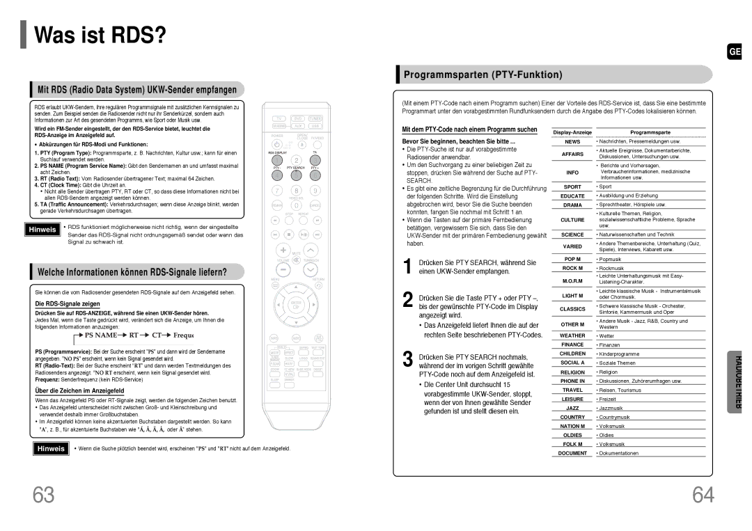 Samsung HT-Q20R/ELS manual Was ist RDS?, Programmsparten PTY-Funktion, Mit RDS Radio Data System UKW-Sender empfangen 