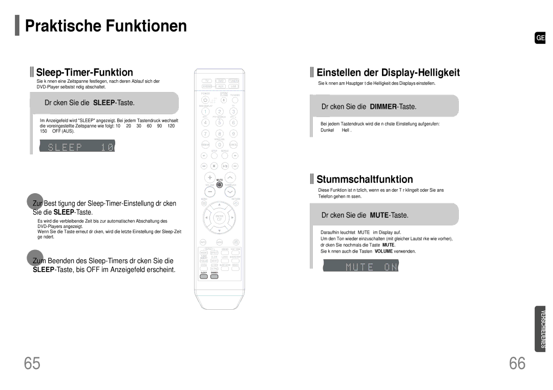 Samsung HT-TQ22R/ELS Praktische Funktionen, Sleep-Timer-Funktion, Einstellen der Display-Helligkeit, Stummschaltfunktion 