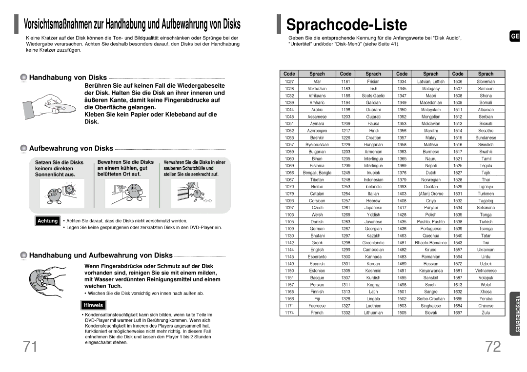 Samsung HT-Q20R/ELS manual Sprachcode-Liste, Kleben Sie kein Papier oder Klebeband auf die Disk, Bewahren Sie die Disks 