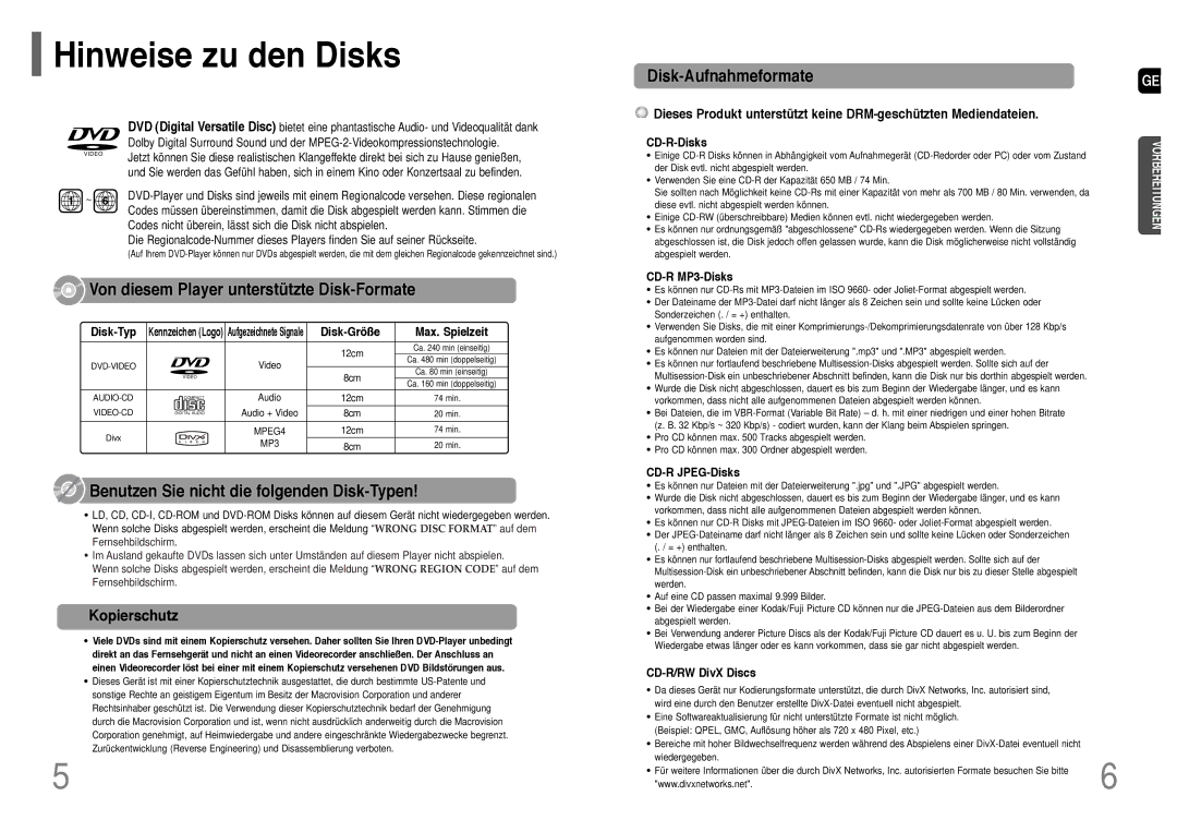 Samsung HT-TQ22R/ELS, HT-Q20R/ELS manual Hinweise zu den Disks, Kopierschutz 